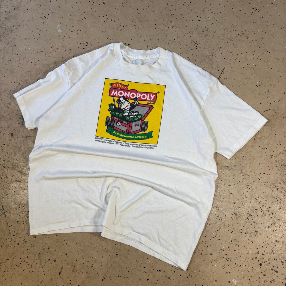 Vintage 1993 Monopoly Pennsylvania Lottery T-Shirt White XL Single Stitch 90s‎